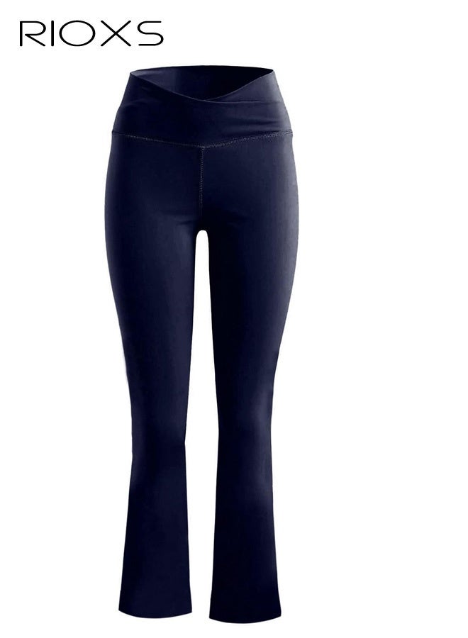 RIOXS Women's Flare Leggings, Ladies V Crossover Yoga Pants, Tummy Control High-Waisted Wide Leg Trousers, Gym Bootcut Yoga Pants, Bell Bottoms For Women, Deep Blue - Image 5